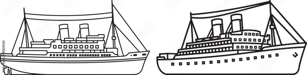 Obraz premium Simple line art illustration of two passenger cruise ships sailing, isolated on a white background, symbolizing travel and adventure.