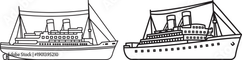 Simple line art illustration of two passenger cruise ships sailing, isolated on a white background, symbolizing travel and adventure.