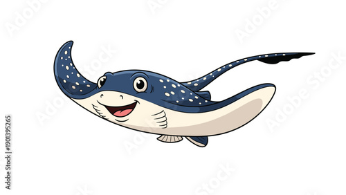 Spotted eagle ray swims gracefully through the water with a happy cartoon expression and long tail.