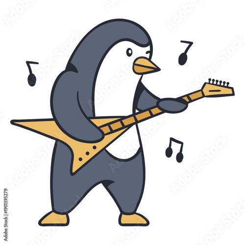 Cute penguin guitar player cartoon color stroke