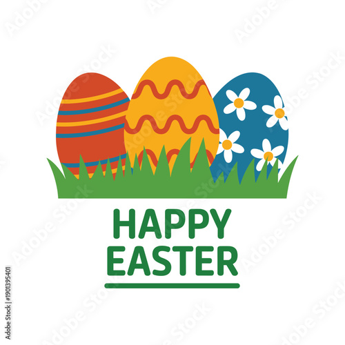 Happy Easter Vector Illustration with Colorful Decorated Eggs and Spring Grass