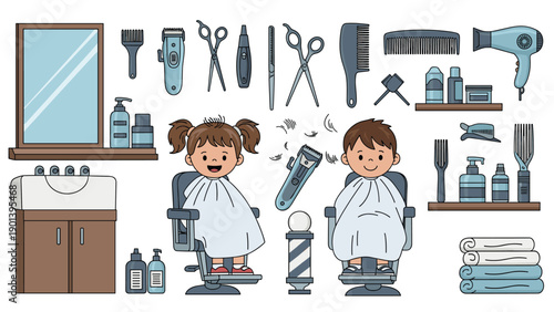 Large collection of hair salon and barber shop tools including scissors combs hair dryers and children in chairs.