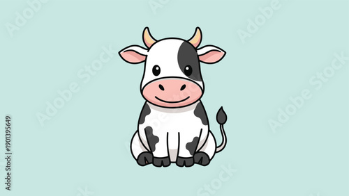 Cute black and white spotted cartoon cow sits with a friendly smile against a pale blue background.