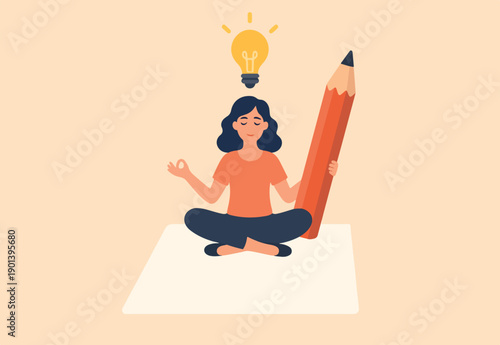 Writer inspiration, blogger, copywriter or journalist creativity concept, young woman writer meditate on blank paper and holding big pencil thinking about idea to write in her blog or journal.