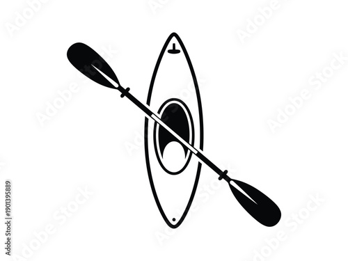Black and white illustration of a kayak and paddle, representing outdoor recreation