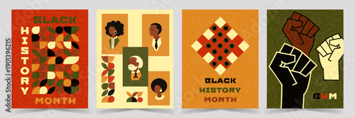  Set of Posters for Black History Month with geometric patterns, raised fist symbol, afro silhouette and portraits. Cultural heritage, unity, equality, diversity and empowerment design concept.