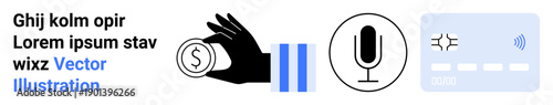 Finance, contactless payments, audio recording, monetary transactions, digital interfaces, broadcasting. Hand holding a coin next to icons. Finance and contactless payments concept