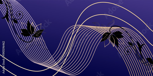 Abstract luxury blue gradient with shining gold flowing lines. Modern luxury line wave pattern background suitable for banner, poster, award, brochure, cover, flayer.