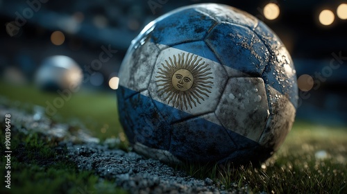 Close up of dirty soccer ball with Argentina flag and sun texture on grass field at night. Argentine football team, world champions game concept