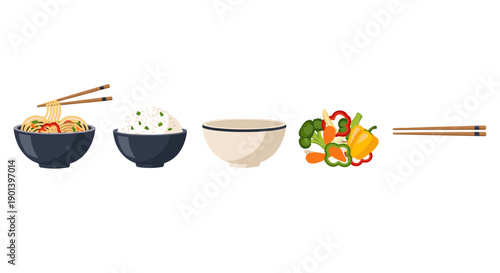A set of asian food and chopsticks for eating noodles and vegetables