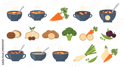 Vector illustration of various vegetable soup ingredients isolated on white background