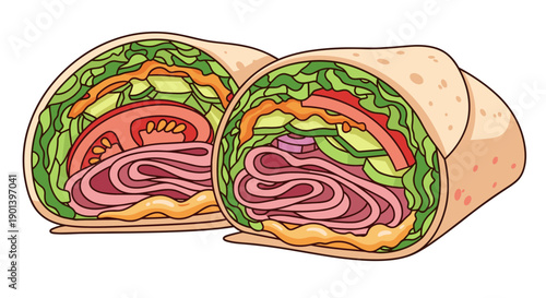 Delicious ham and vegetable burrito cut in half isolated on white background