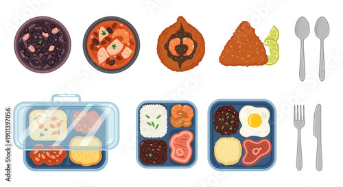 Traditional brazilian food dishes and meals in containers on white background