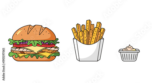 A set of fast food items including a burger, fries, and cupcake on white