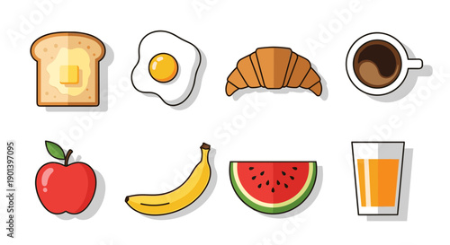 Colorful breakfast icons including food and drink on white background
