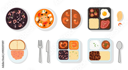 Variety of traditional brazilian dishes on plates and isolated on white background