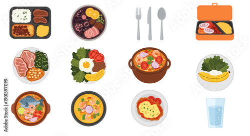 Variety of international food dishes and utensils on white background