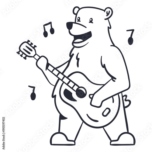 Cute bear guitar player cartoon stroke