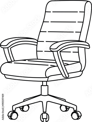 Black and white line drawing vector illustration of ergonomic office chair with cushioned seat, stitched backrest, padded armrests, and five‑wheel base for furniture design concepts.