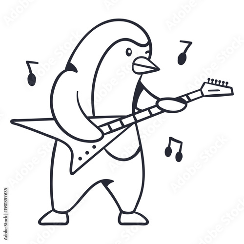 Cute penguin guitar player cartoon stroke