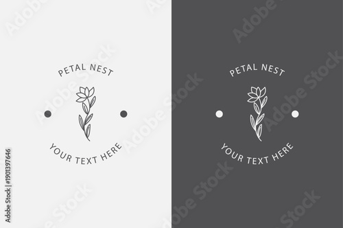 Minimalist floral logo design with customizable text on white and dark backgrounds
