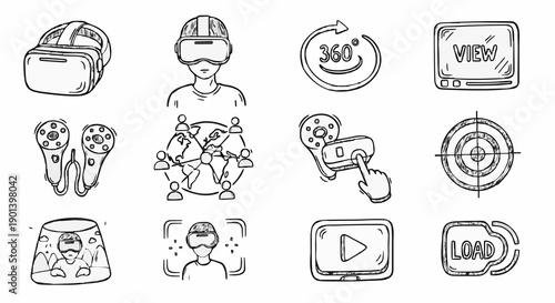 A set of vector graphics illustrating virtual reality and gaming concepts in a minimalist line art style