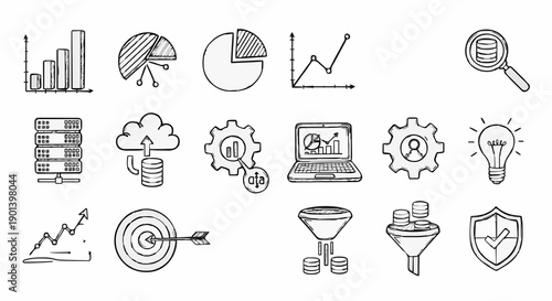 A collection of business and finance icons in a minimalist line art style