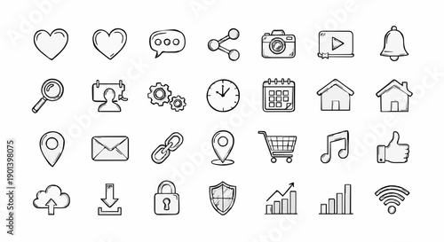 A collection of modern line art icons for various digital and business applications
