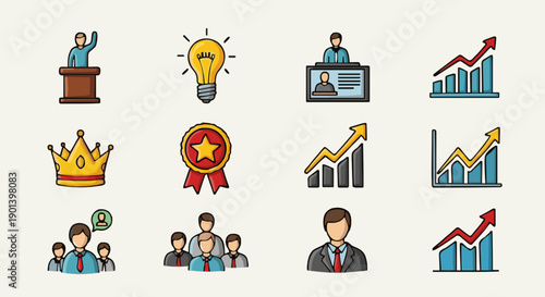 A set of colorful vector icons representing business success and leadership concepts