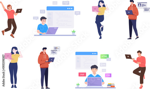 Software Development and Remote Work Vector Set Programmers, Web Developers and Digital Nomads in Flat Character Style