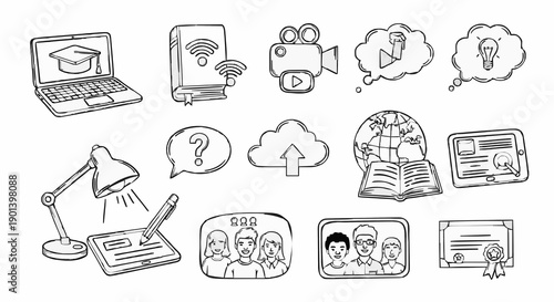 A collection of educational icons and symbols in a simple line art style