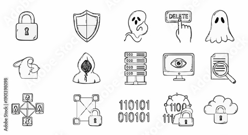 A set of cybersecurity icons in a flat line art style on a white background