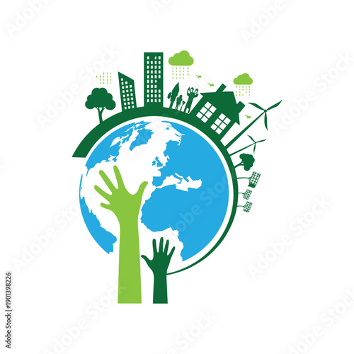 Save Earth illustration with human hands holding green sustainable world