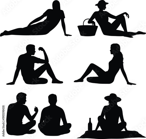 People relaxing silhouettes set showing men and women sitting and lying poses, leisure and rest lifestyle concept, summer picnic and calm moments, human figures isolated on white background