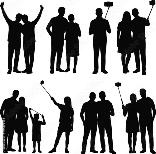 People taking selfies silhouettes set showing friends and family using smartphones, social media lifestyle concept, group photography moments, modern communication and technology culture isolated on 