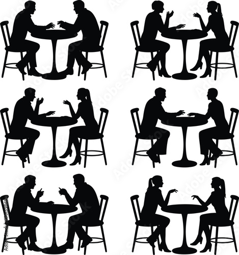 People conversation silhouettes set showing men and women talking at table, social communication and discussion concept, business meeting and casual dialogue scenes isolated on white background