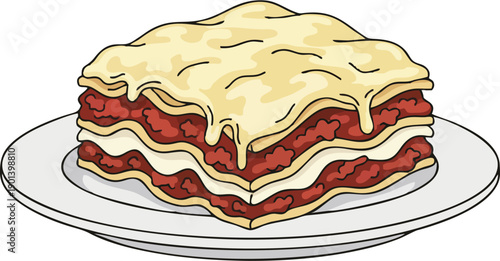 Layered lasagna slice with mozzarella cheese top on white plate