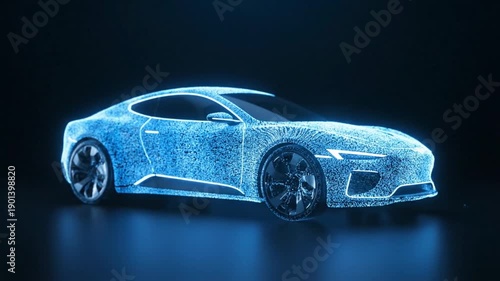 Particle animation forming an automobile. Car reveal from digital dust effect. Concept of modern vehicle technology and design.