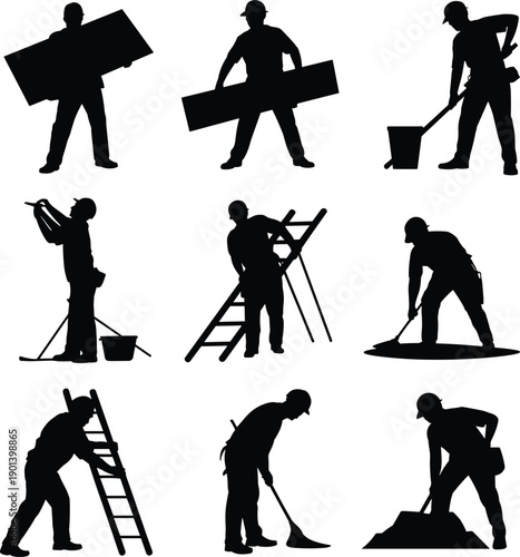 Construction worker silhouettes performing building and repair tasks, manual labor activities with tools, industrial workforce concept, professional builders set isolated on white background