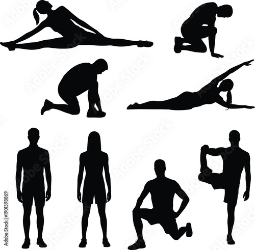 Fitness and yoga silhouettes set showing stretching exercises, athletic men and women training poses, workout and wellness concept, healthy lifestyle figures isolated on white background