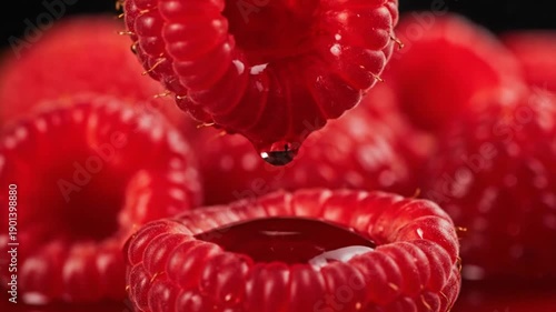 Red raspberry with juice dripping. Fresh berry in motion. Food and drink advertising concept. For healthy eating or dessert ingredient.