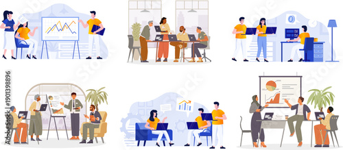 Business Team Collaboration Vector Set Data Analysis, Brainstorming and Professional Meetings in Modern Office Settings