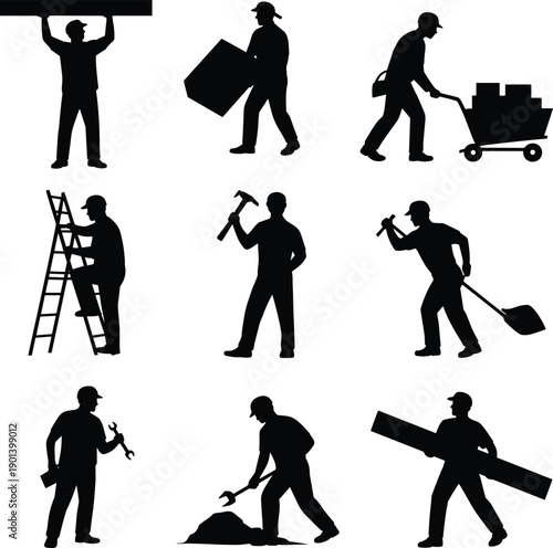 Construction worker silhouettes set showing manual labor activities, builders using tools, industrial workforce concept, repair and maintenance jobs, black human figures isolated on white background
