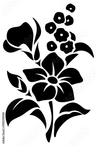 Black silhouette of flowers isolated on a white background. Floral stencil. Vector illustration