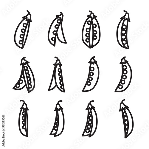 Pea Pod Icons: Open and Closed, Various Angles, Line Art, Isolated