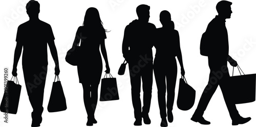 Silhouettes of diverse shoppers walking with shopping bags, modern retail lifestyle concept showing consumer behavior, urban fashion, crowd movement, minimal black figures isolated on white background