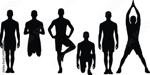 Male yoga and fitness silhouette set showing standing kneeling balance and stretching poses, full body black man figures isolated on white background