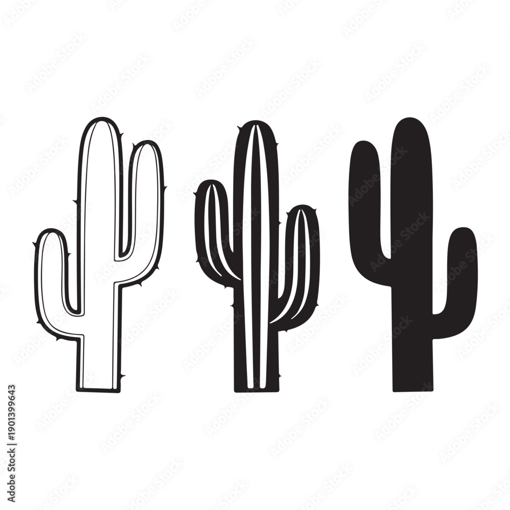 Fototapeta premium Three Stylized Cactus Illustrations in Different Styles