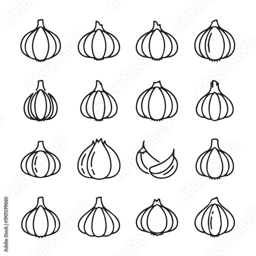 Garlic Icons Collection, Cloves and Bulbs, Outline Graphics, Food Vector