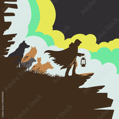 Mystic Wanderer Silhouette With Wolves On Cliff Top